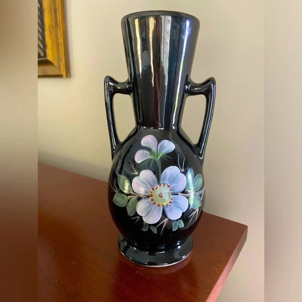 Black Glaze Pottery 2 Handle Vase with Hand painted Flowers